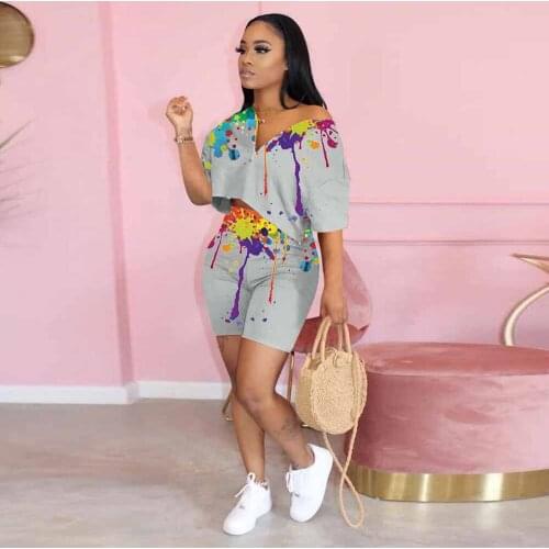 Splash Ink Print Zipper Up Short Sleeve Loose Sweatshirt+high Waist Skinny Biker Short Womens Tracksuit Summer Loungewear Suit