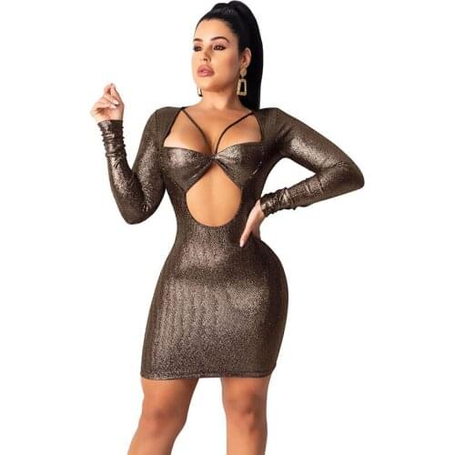 Women Rose Gold Glitter Bodycon Club Party Dresses Sexy Hollow Out Long Sleeve Bandage Dress Elegant Sheath Christmas Mini Dress