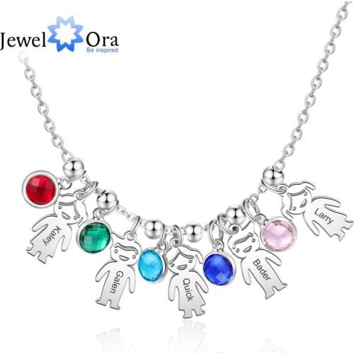 JewelOra Personalized Boy Girl Pendant Necklace with Birthstone Stainless Steel Customize Engraved Kids Name Necklaces for Women