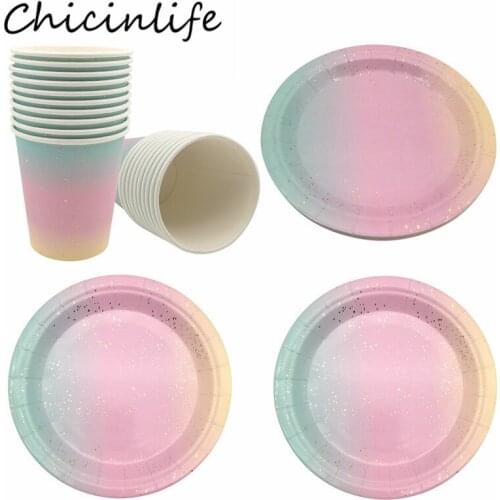 Chicinlife 10Pcs Bronzing Rainbow Disposable Tableware Paper Plates Cups Happy Birthday Party Baby Shower Wedding Decor Supplies