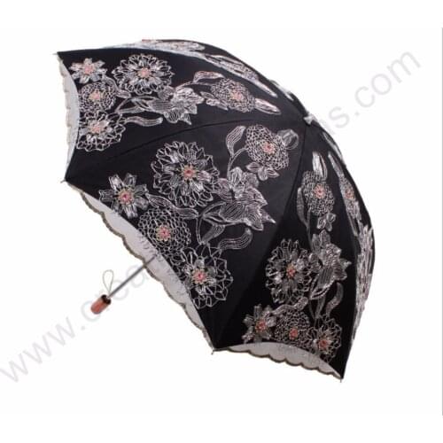 Two fold drag spring Lilywhites embroidery umbrellas 5 times black coating UPF>50+ yarn ladies' princess flower lacing parasol
