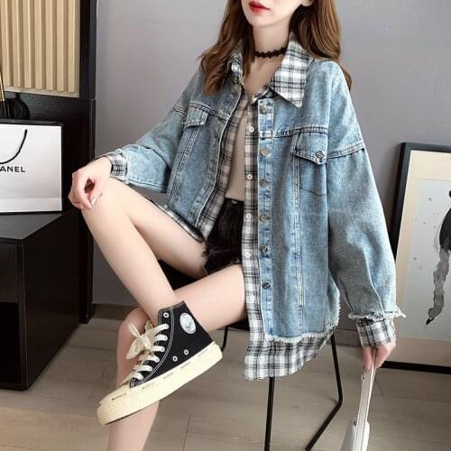 Fake Two Pieces Patchwork Women Denim Jacket Midi Spring Autumn Long Sleeve Jean Coat Check Shirt Collar Loose Female Outerwear