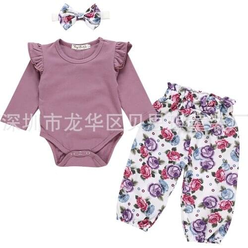Baby Girls Outfits Long Sleeve Romper Pants Headband Flower Print Floral Cute Pretty Purple Cotton New Arrival 2021 Toddler Sets
