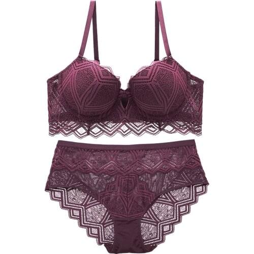 Push Up Bra Set Hollow out Padded Cup Argyle Lace Decoration Underwired Lingerie Women Set