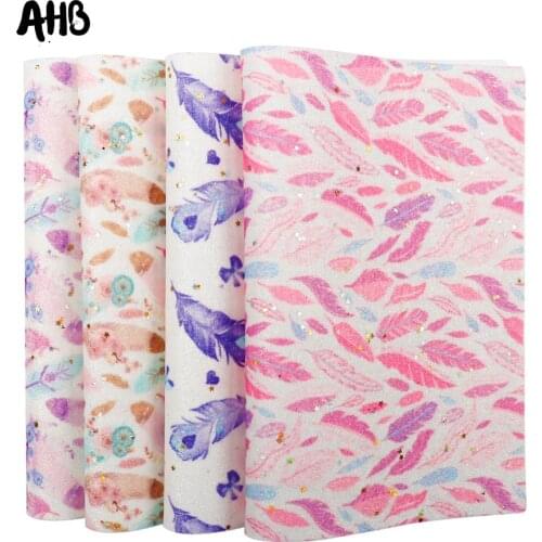 AHB Glitter Leather Fabric Colorful Feathers Shiny Stars Sequins Patchwork DIY Girls Accessories Handmade Phone Case Materials