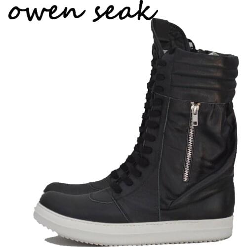 Owen Seak Men Shoes High Ankle Luxury Trainers Genuine Leather Winter Boots Lace Up Casual Sneaker Brand Zip Flat Black Shoes