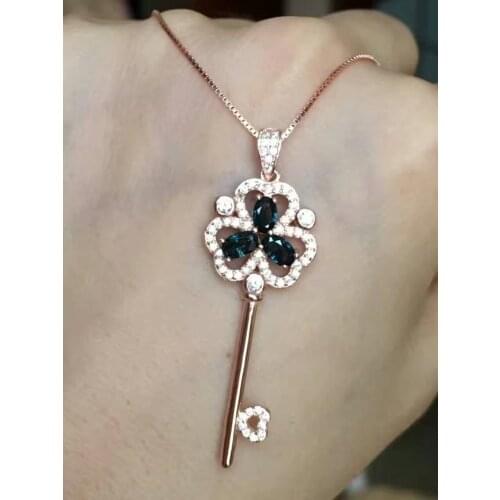Natural sapphire pendant S925 silver Natural gemstone Pendant Necklace trendy romantic Clover key women wedding fine jewelry