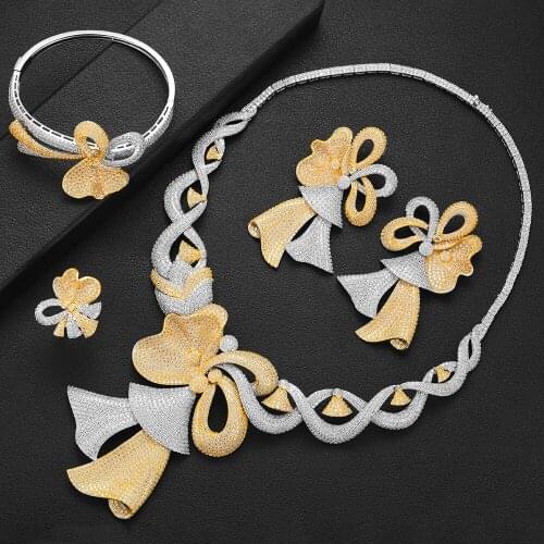 LARRAURI Trendy Bowknot Bridal Wedding Necklace Dangle Earrings Bracelet Resizable Ring Jewelry Sets acero inoxidable joyeria