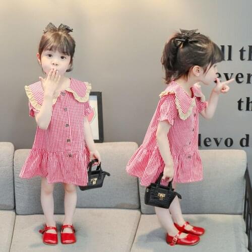 Summer Kids Dresses for Girls Korean Style Plaid Doll Collar Single Breasted Girls Dress Sweet Princess Dress Baby Clothes 0-6Y