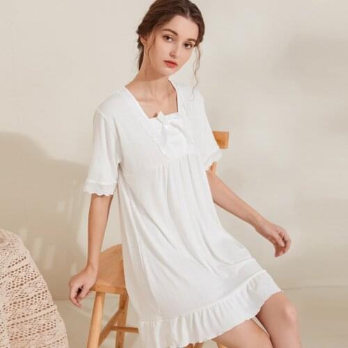 Summer Knitted Cotton Short-sleeved Nightdress Princess Loose Lace Vintage Nightgowns Women White Lovely Sexy Home Clothes 2021
