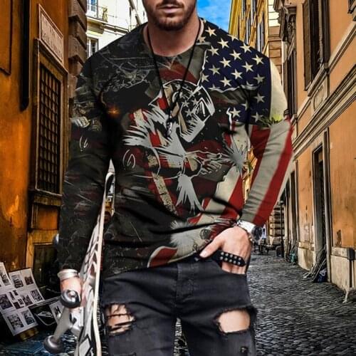 Autumn Vintage American Style Printing Men T-shirts Casual Long Sleeve Tee Shirt 2021 Spring Mens Fashion O-Neck Pullover Tops