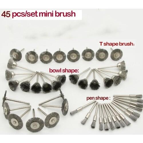 45Pcs Steel Wire Rotary Wheels Brushes, Pen-shape Bowl-Shape T-shape Metal Polishing Rust Removal Walnut Jade Cleaning Brush Set