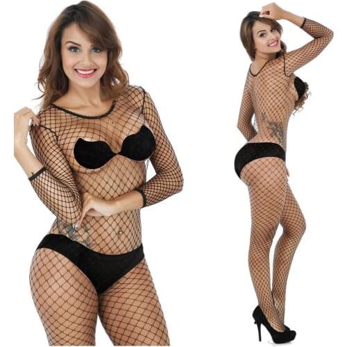 Sexy Hot Plain Fence Net Fishnet Long Sleeved Bodystocking Lingerie Porno Open Crotch Women Lace Jumpsuit Catsuit