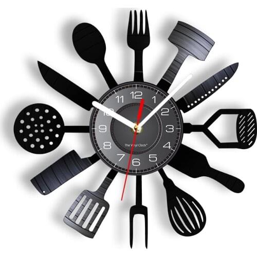 Tableware Kitchen Supplies Vinyl Record Wall Clock For Dining Room Restaurant Silverware Themed Happy Cooking Time Watch Decor