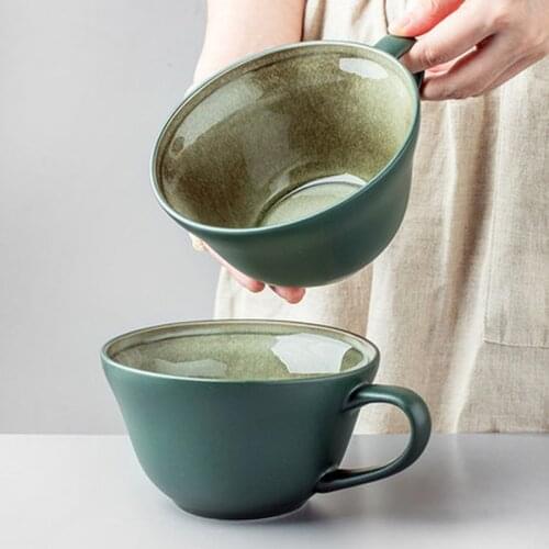 Dark green large-capacity breakfast cup, large ceramic oatmeal cup, household large-caliber cup, milk bowl