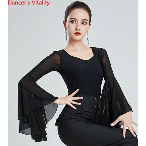 Ballroom Dance Top Waltz Ice Silk Shirt Mesh Flared Sleeves Practice Clothing Female Elegant Profession Performance Clothes