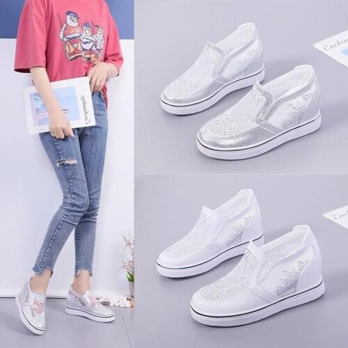2021 Mesh Hollow Out Silver Crystal Shoes Woman Summerhidden Wedge Breathable Sneakers Women Platform Slip On Loafers