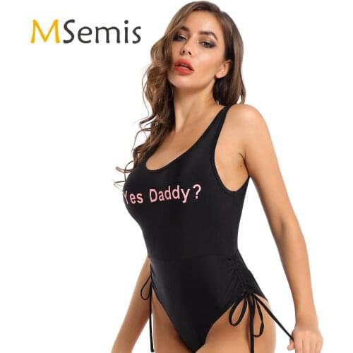 Womens Swimsuit Letter Printed Athletic Sport Swim Bodysuit Round Neck Sleeveless Ruched Side Lace-up One Piece Bodycon Swimwear