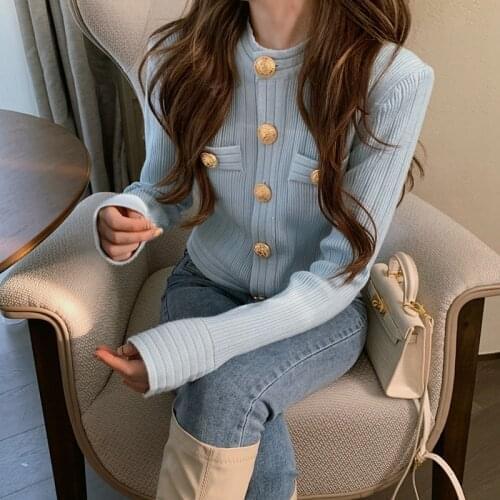 2021 Women‘s Knitted O Neck Cardigan Streetwear Knit Sweater Female Spring Autumn Coat Cute Gold Button Women Jacket New