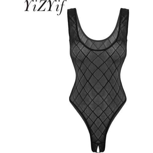 Womens One-piece See Through Sheer Mesh Lingerie Deep U Neck Sleeveless Crotchless High Cut Thong Leotard Bodysuit Nightwear