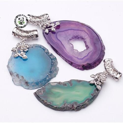 10pcs Mixed Color Dyed Natural Stone Slices Pendants Slabs Charms with Brass Findings about 30~48x50~70x5mm thick, hole: 6x5mm