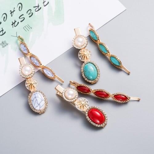 2Pcs /set Resin Geometric Round Hair Clips Women Color Hair Pins Bohemian National Style Rhinestone Pearl Hair Accessori