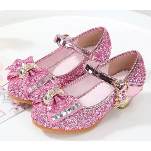 Girls Glitter Shoes Children Princess Dress Shoes For Evening Party Wedding High Heels Kids Leather Shoes Bow-knot Pendant 24-36