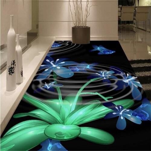 Wellyu Custom large floor stickers 3D living room luminescent blue flowers wear-resistant thick waterproof floor decoration