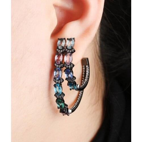 OMYFUN Factory Luxury Brincos Female Mix Color Crystal Aretes Hoop CC Style Earrings Gold Silver Black Earring for Wedding E001