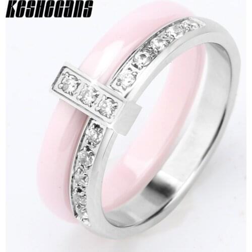 Fashion Classic Style Rhinestone Ceramic Rings Bling Clear Crystal Wedding Stainless Steel For Women Girl Pink Ring Jewelry Gift