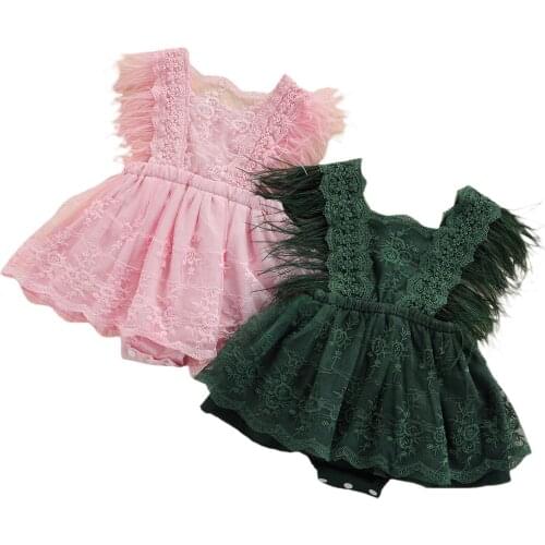 Baby Girls Sleeveless Romper, Summer Floral Lace Solid Color Tassel Bodysuit Tutu Dress