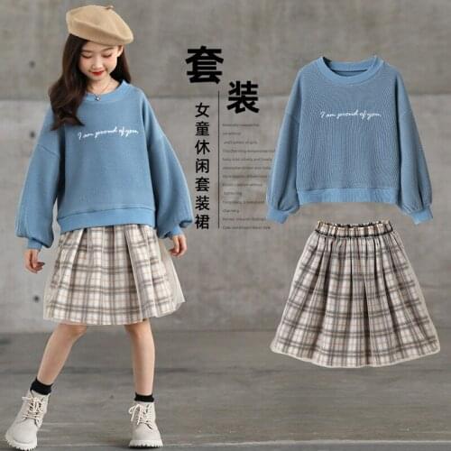 Big Girls Clothes Sets Autumn Outfits Blue Sweatshirt With Plaid Skirts 2020 Loose Casual Spring Suit Age 4 6 8 10 12 14 Years