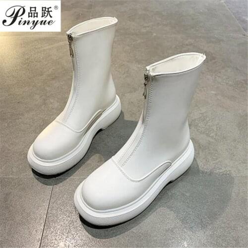 Leather Womens Short Boots Spring Autumn New Round Head white Black High-top Leather Boots Fashion Front Zipper Womens Boot