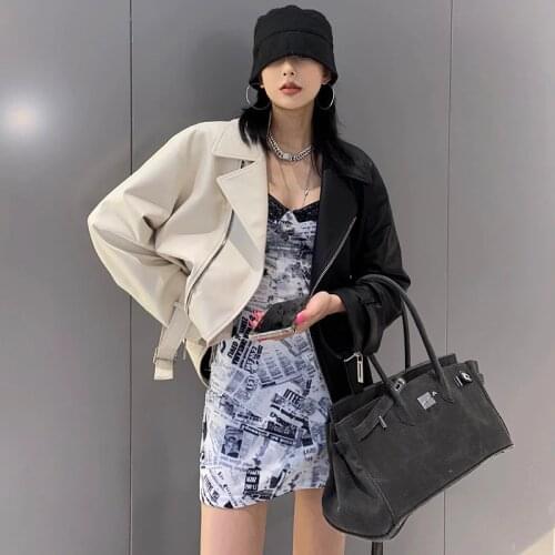 Fashion Patchwork Contrast color Motorcycle Leather jacket Women 2021 Spring Autumn Loose Short Faux PU Leather Coat Streetwear