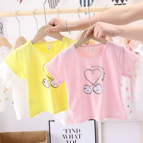 Summer Children Cotton T-shirt Kids Cute Girls Comfortable Short Sleeves Fashion Cherry Printing Cartoon Pattern Round Collar