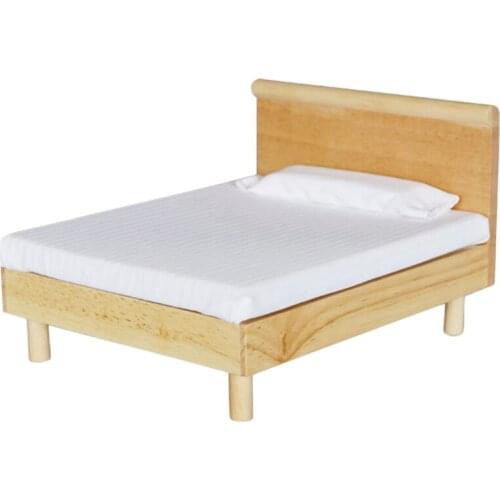 1/12 Scale Dollhouse Furniture Miniature Wooden Double Bed Dolls House Accessories Toy