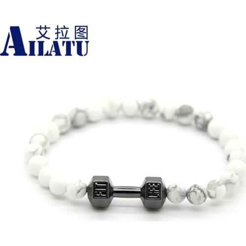 Ailatu Fashion Mens Gift Jewelry Made by 6mm White Howlite Beads with Alloy Metal Fitness Dumbell Charm Bracelet