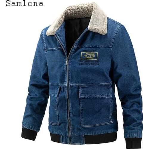 Samlona Plus Size Mens Demin Jackets Blue Retro Velvet Outerwear 2021 European and American style Autumn Winter Demin Overcoats