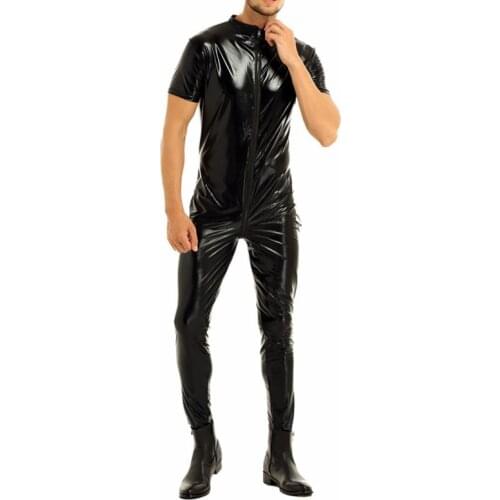 Mens Stretchy Faux Leather Short Sleeves Zipper Crotch Full Body Leotard Bodysuit Clubwear Evening Party Men Club Wear Overalls