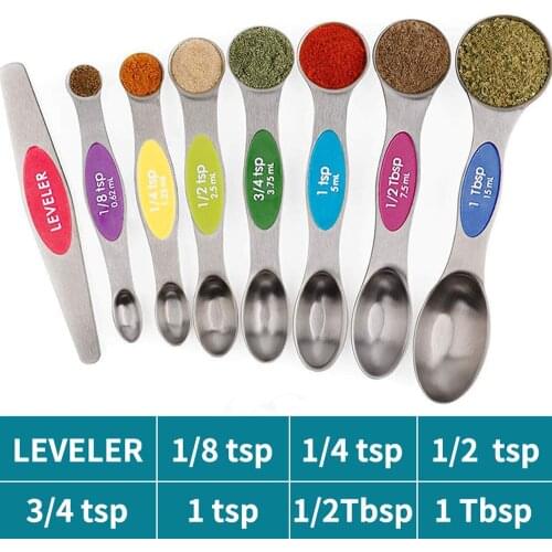 8-piece Set Magnetic Measuring Spoon Food Grade Stainless Steel Teaspoon Coffee Sugar Scoop Cake Baking Flour Measuring Cups Kit
