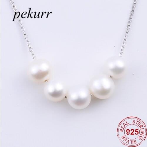 Pekurr 925 Sterling Silver 5pcs Big Natural Freshwater Pearl Necklaces For Women Long Chain Pendants Fashion Jewelry
