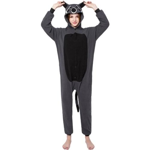 New Winter Autumn Women Men Adults Animal Raccoon Onesies Pajamas Unisex Cute Cartoon Fleece Hooded Soft Warm Sleepwear Pyjamas
