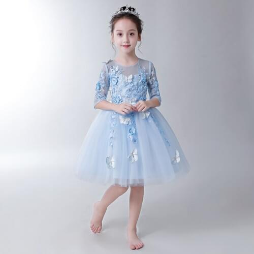 Girls First Communion Vestidos Light Blue Pageant Evening Princess Gowns Beaded Butterfly Tulle Flower Girl Dress For Wedding