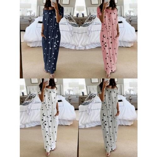 2021 New Women Dresses Loose Off Shoulder Short Sleeve Long Dress Moon Star Printing Elegant Female Spring Summer Dress Vestidos