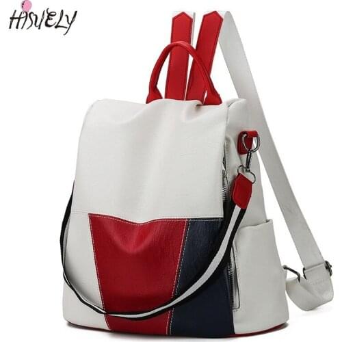 HISUELY Hot Patchwork Backpack Teenage Girl Soft Leather Shoulder Backpack Ladies Zipper School Bag Female Fashion Travel Bag