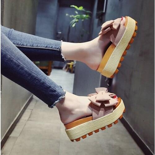 Muffin Sandals Summer High heels Shoes Sweet Butterfly-knot Flock Platforms Shoes Sandals Outside Slides Beach Flip Flops mujer