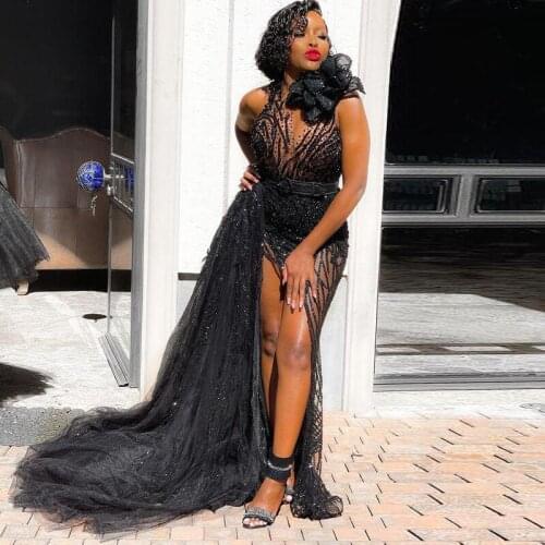 Sexy Black Side Split Prom Dresses Jewel Neck Beading Special Occasion Gown with Detachable Train Second Reception Skirts