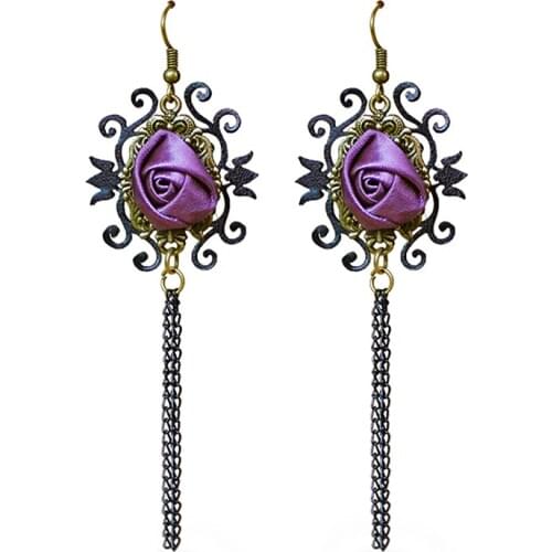 Handmade Gothic Black Drop Metal Multi Chain Tassel Purple Flower PU Leather Dangle Earrings Hook Alloy Ball Party Vintage Style
