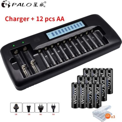 PALO 12 Slots Smart battery Charger for AA/AAA SC Ni-MH Ni-CD Rechargeable Battery 3.7V Li-ion Battery 18650+12pcs AA battery