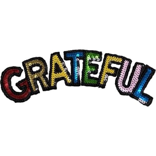 WUYUCONG New Custom Colorful Sequined GRATEFUL Patches Iron on Letters Embroidery Appliques for Clothes 1 Piece